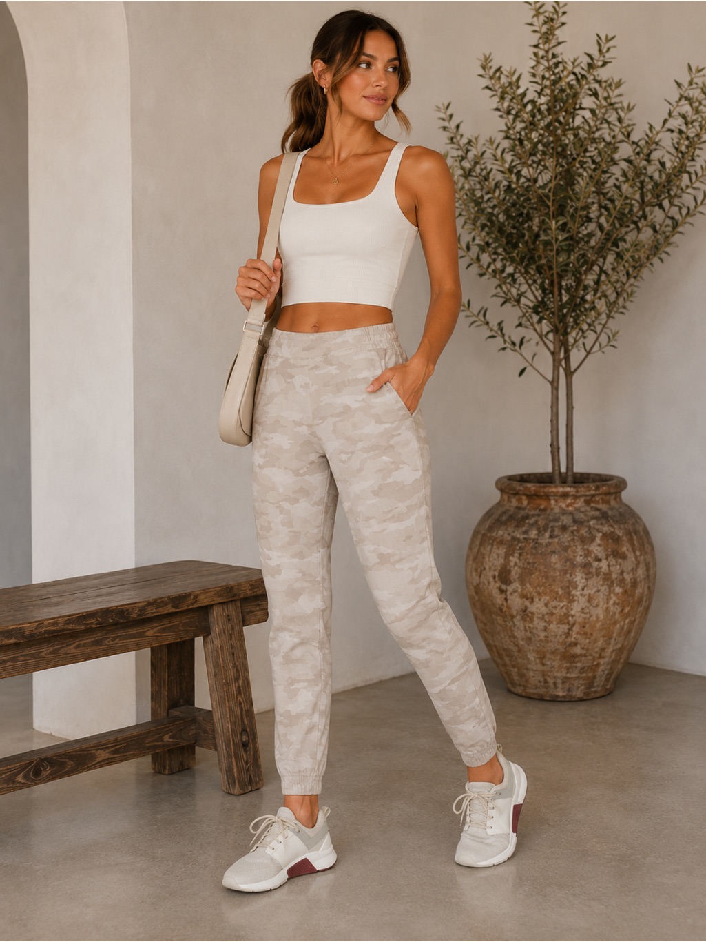 Athleta Brooklyn Textured Cream Camo Tall Jogger Travel Performance Pants